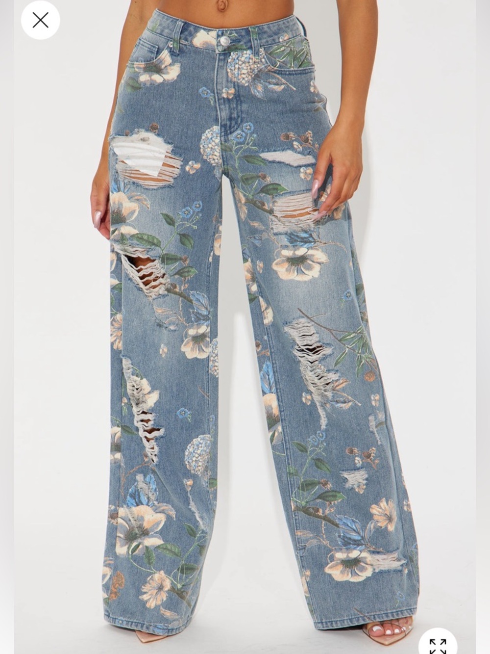 Fashion Nova Floral Distressed Wide-Leg Jeans - Light Blue